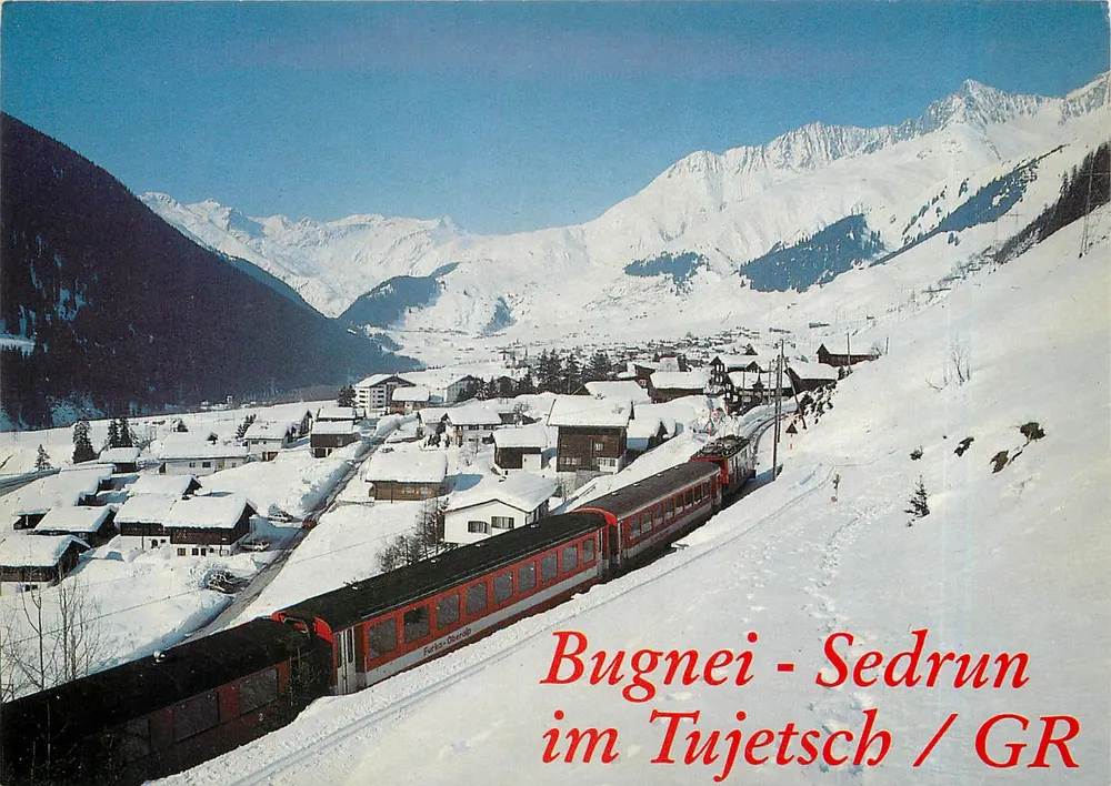 Bugnei - Sedrun im Tujetsch / GR — uitzicht op de trein Furka-Oberalp met sneeuwbedekte bergen — uitgever foto Gross, St. Gallen / St. Fiden, n° 41 244 - Voorkant