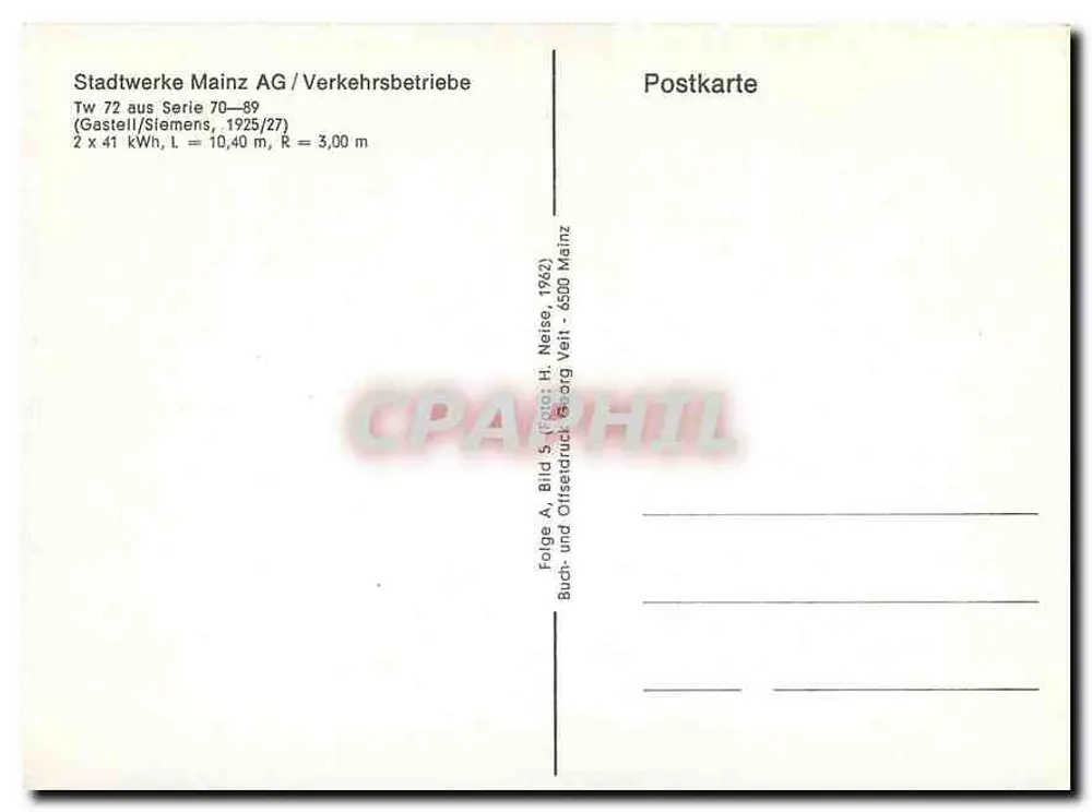 Tramway Tw 72 — série 70-89 — éditeur Stadtwerke Mainz AG - Verso