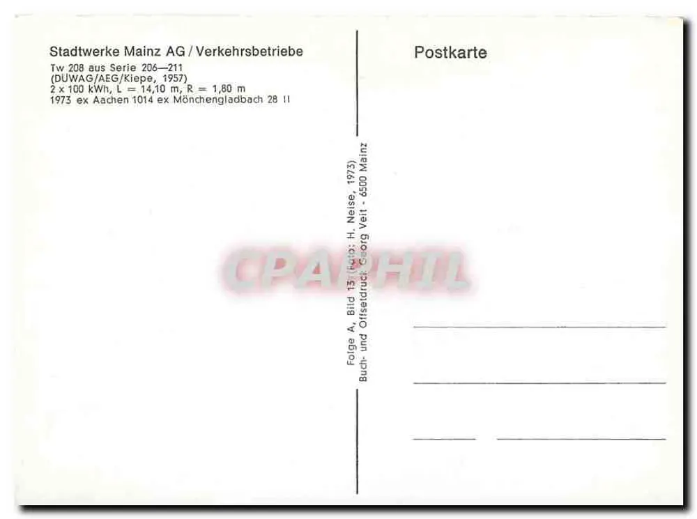 Tramway Tw 208 — Werkstattbahn — Stadtwerke Mainz AG, série 206-211 - Verso