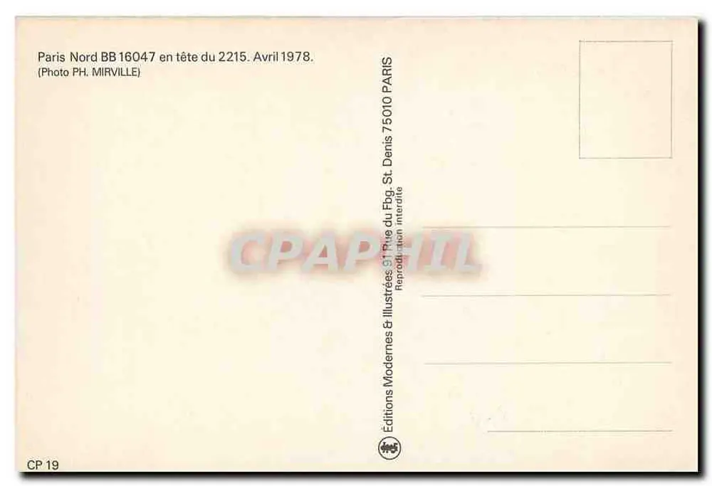 Paris Nord BB 16047 en tête du 2215 — Éditions Modernes Illustrées, CP 19 - Verso