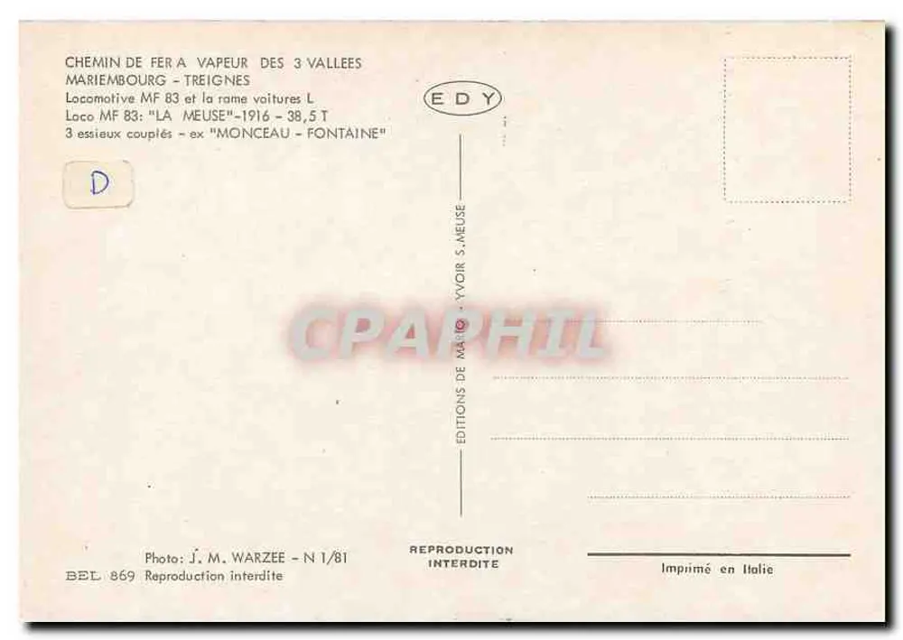 Locomotiva MF 83 — Ferrovia a vapore delle 3 Vallées — Editore EDY, N° 1/81 - Verso