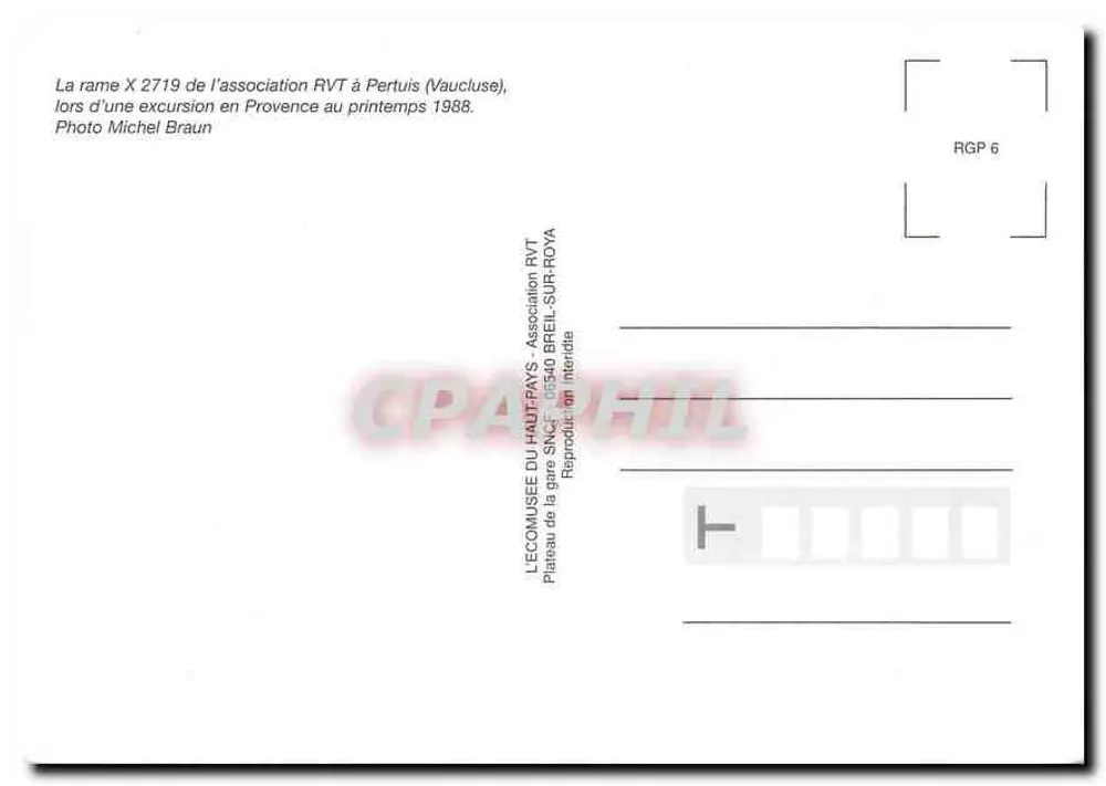 Pertuis — Estação ferroviária com composição X 2719 — L'Écomusée du Haut-Pays - Associação RVT - Verso