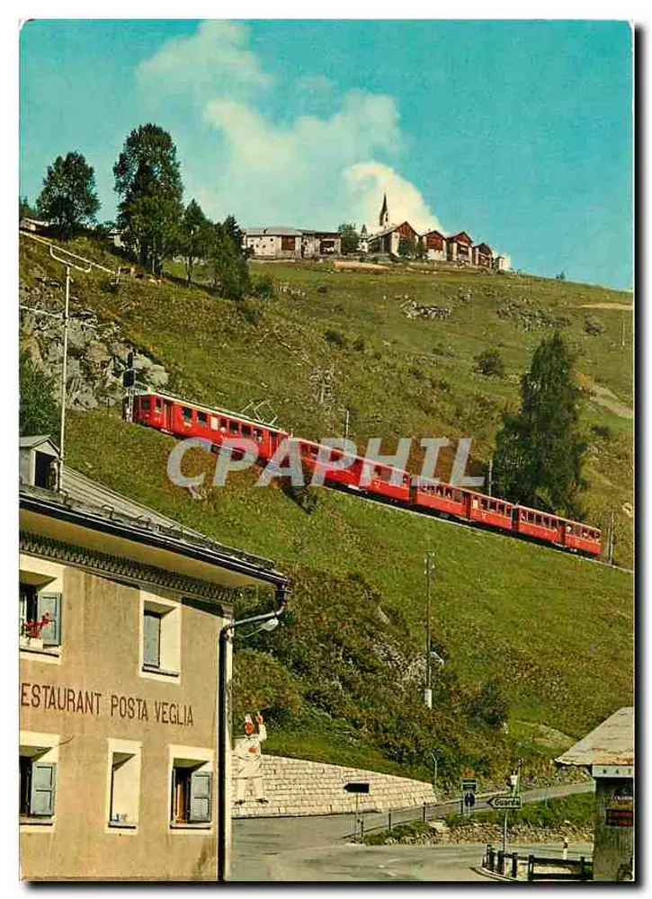 Roter Zug in Posta Veglia — Ansicht des Restaurants und des Bergdorfes — Photohaus Geiger, Films-Waldhaus, Nr. 7297 - Vorderseite