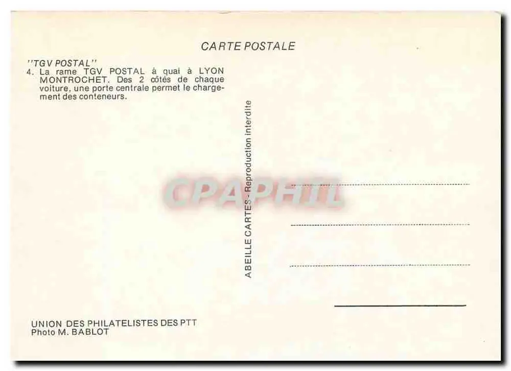 Rame TGV Postal à Lyon Montrochet — Union des Philatélistes des PTT, photo M. Bablot - Verso