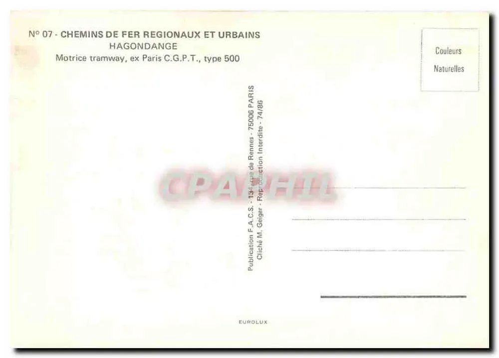 Tramway a Hagondange — Motrice ex Paris C.G.P.T., tipo 500 — Pubblicazione F.A.C.S. - Rennes - Verso