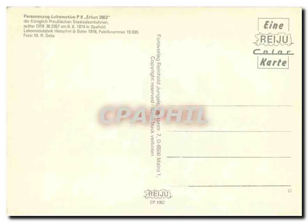 로코모티브 P 8 „에르furt 2553“ — 킹리히 프로이센 스타츠바ehen, 1918년 — REIJU Color Karte CP 1062 - 뒷면