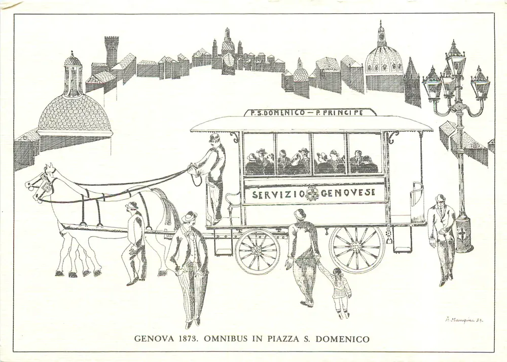 Genova 1873 — Omnibus à chevaux — gravure d'Attilio Mangini - Recto