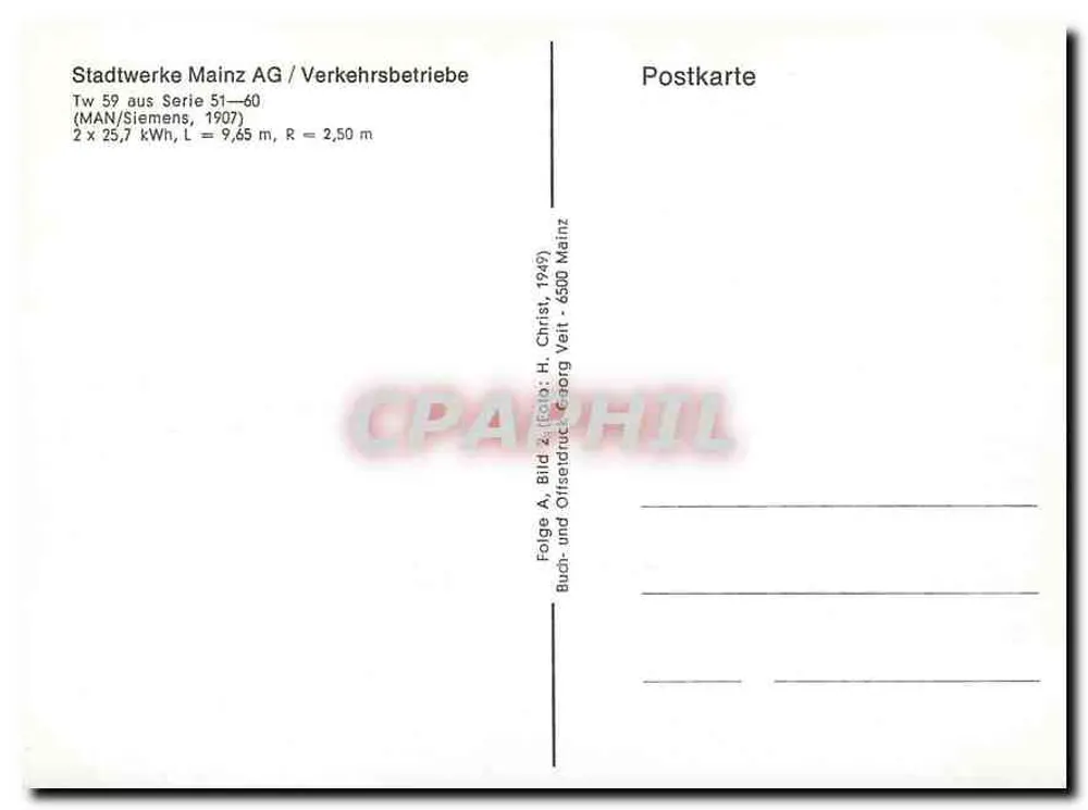 Tramway de Mainz — Tw 59, série 51-60 — éditeur Stadtwerke Mainz AG - Verso