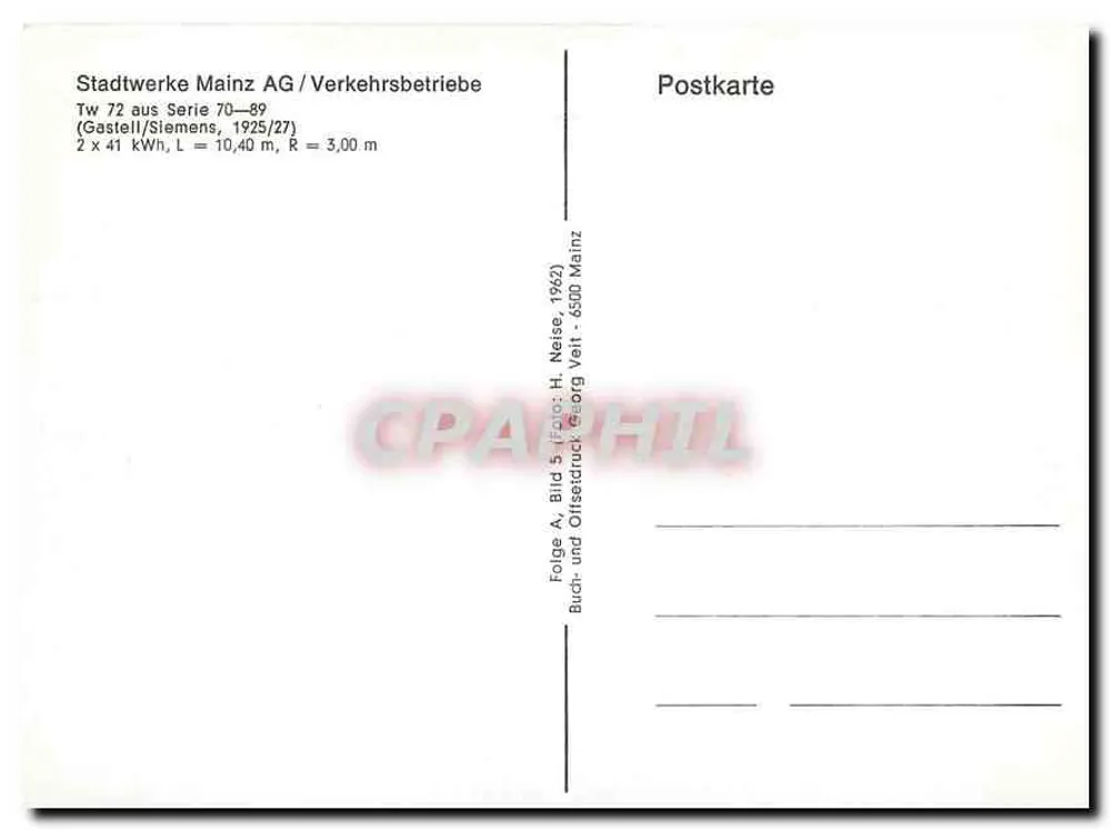Tramway de Mainz — Tram Tw 72, série 70-89 — éditeur Stadtwerke Mainz AG - Verso