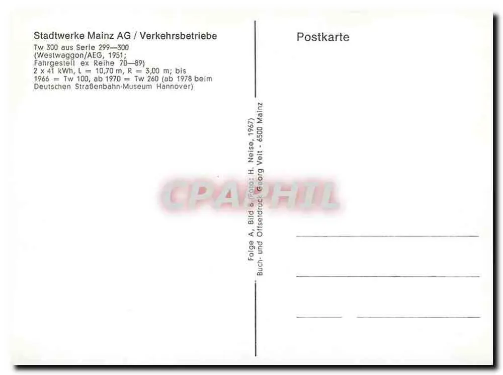 Tramway de Mainz — Tram Tw 300, série 299-300 — éditeur : Buch- und Offsetdruck Georg Veit - Verso