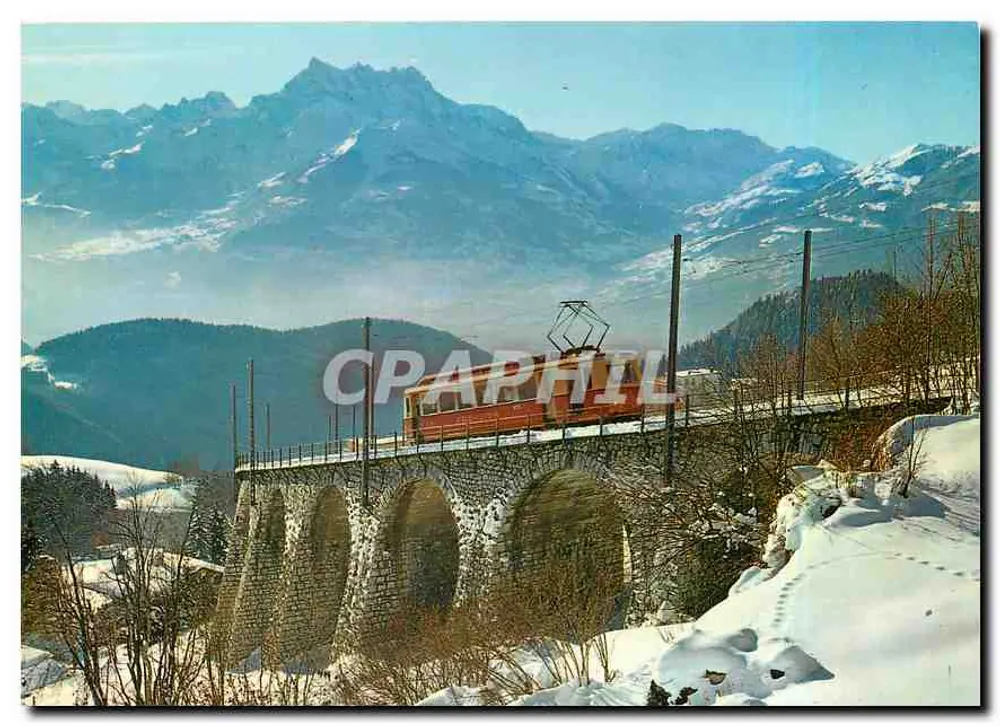 Leysin (Waadtalische Alpen, H. 1400 m) — Der Zug Aigle-Leysin mit Blick auf die Dents-du-Midi — Edition Photoglob SA, Zürich/Vevay - Vorderseite