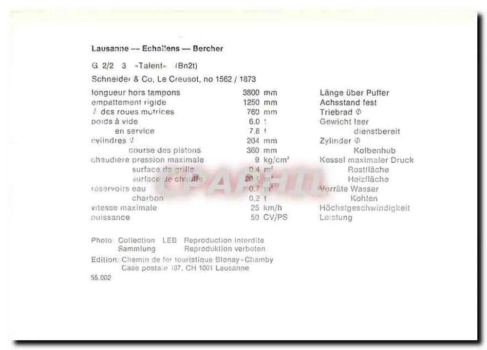 Locomotiva « Talent » — Losanna — Echallens — Bercher — Schneider & Co, no 1562 / 1873 - Verso