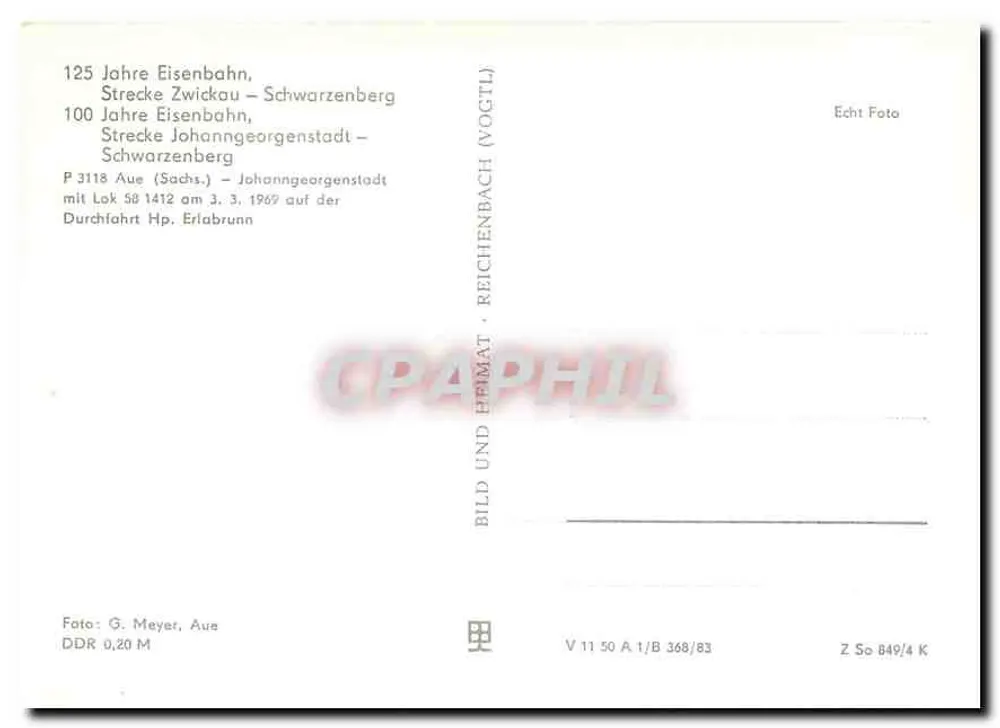 Trem a vapor n° 58 1412 — 125 anos da linha Zwickau-Schwarzenberg, 100 anos da linha Johanngeorgenstadt-Schwarzenberg — fotografia de arquivo - Verso