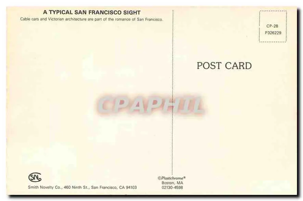 Cable Car and Victorian Homes, San Francisco, California — Smith Novelty Co., CP-28 - Verso
