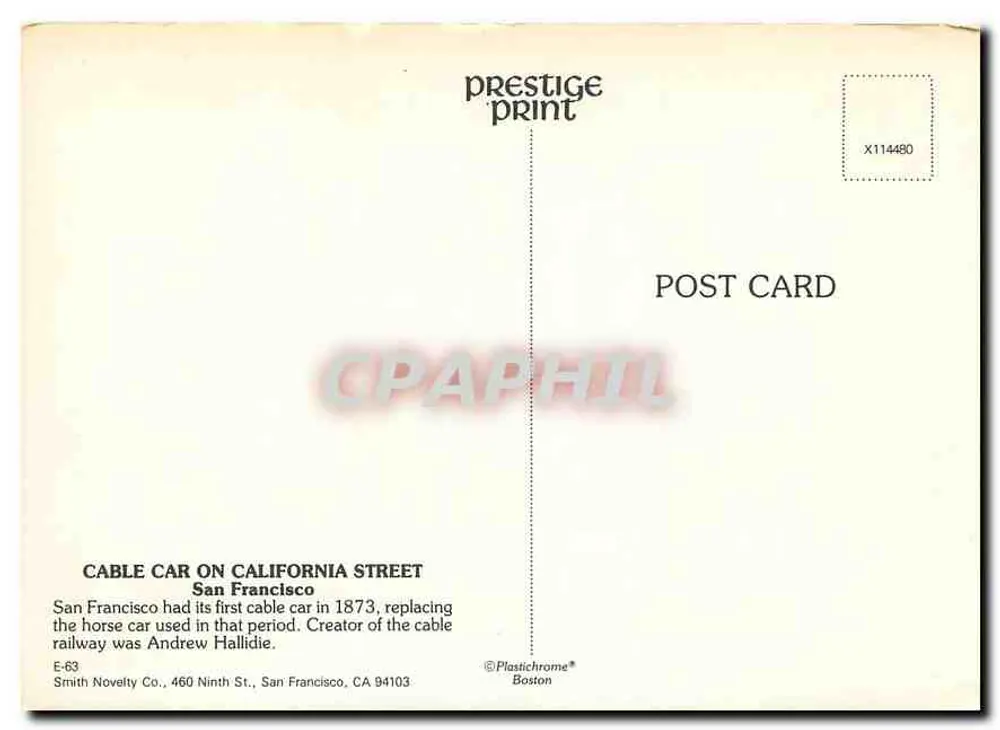 Cable car on California Street — San Francisco — Prestige Print E-63 - Verso