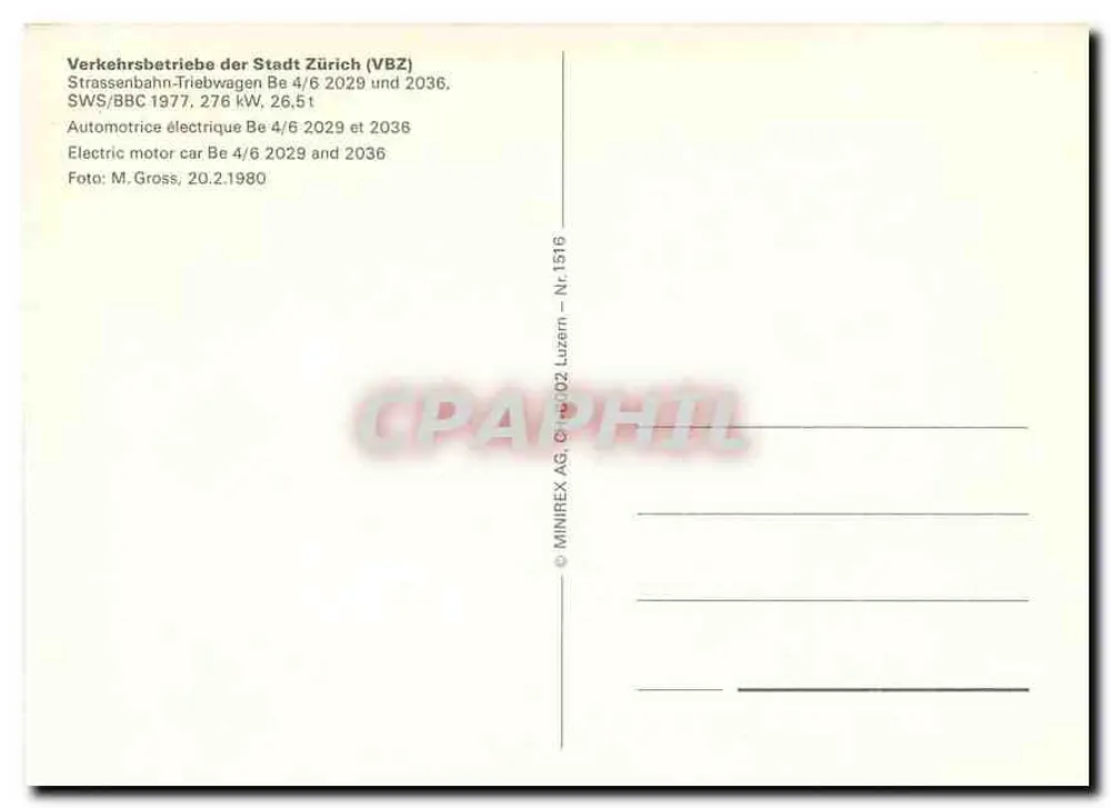 Tramway de Zurich — ligne 11 à Rehalp — éditeur MINIREX AG, n° 1516 - Verso