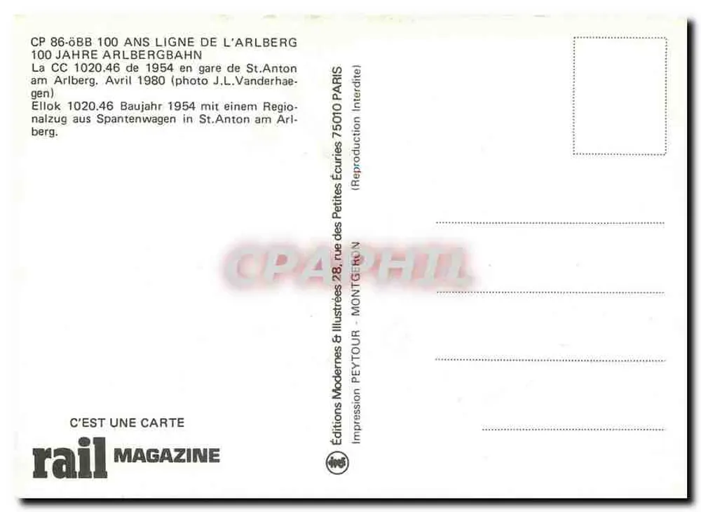 Arlberg — 100 ans de ligne — locomotive CC 1020.46 — Éditions Modernes & Illustrées - Verso