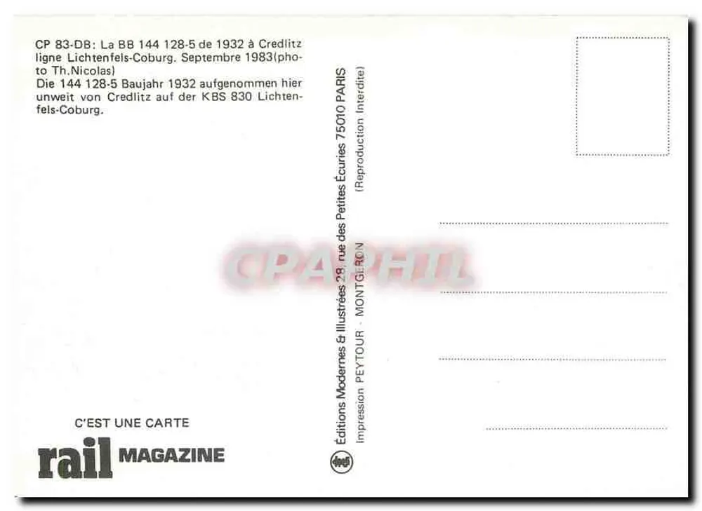 Elektrischer Zug BB 144 128-5 — Strecke Lichtenfels-Coburg — Verlag rail MAGAZINE - Rückseite