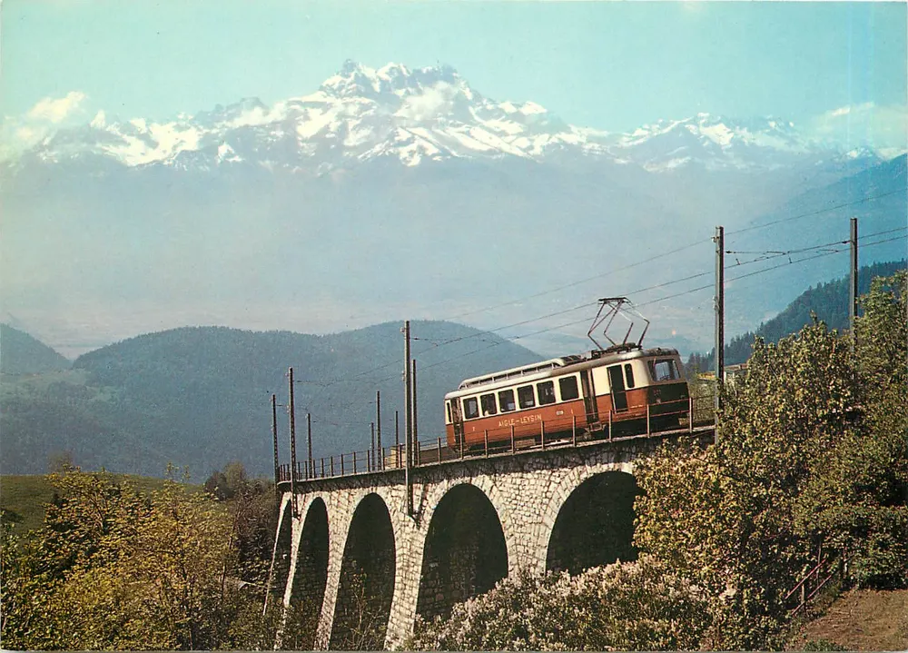 Train Aigle-Leysin — pont en pierre — Edition Photoglob SA, Zurich/Vevey - Recto