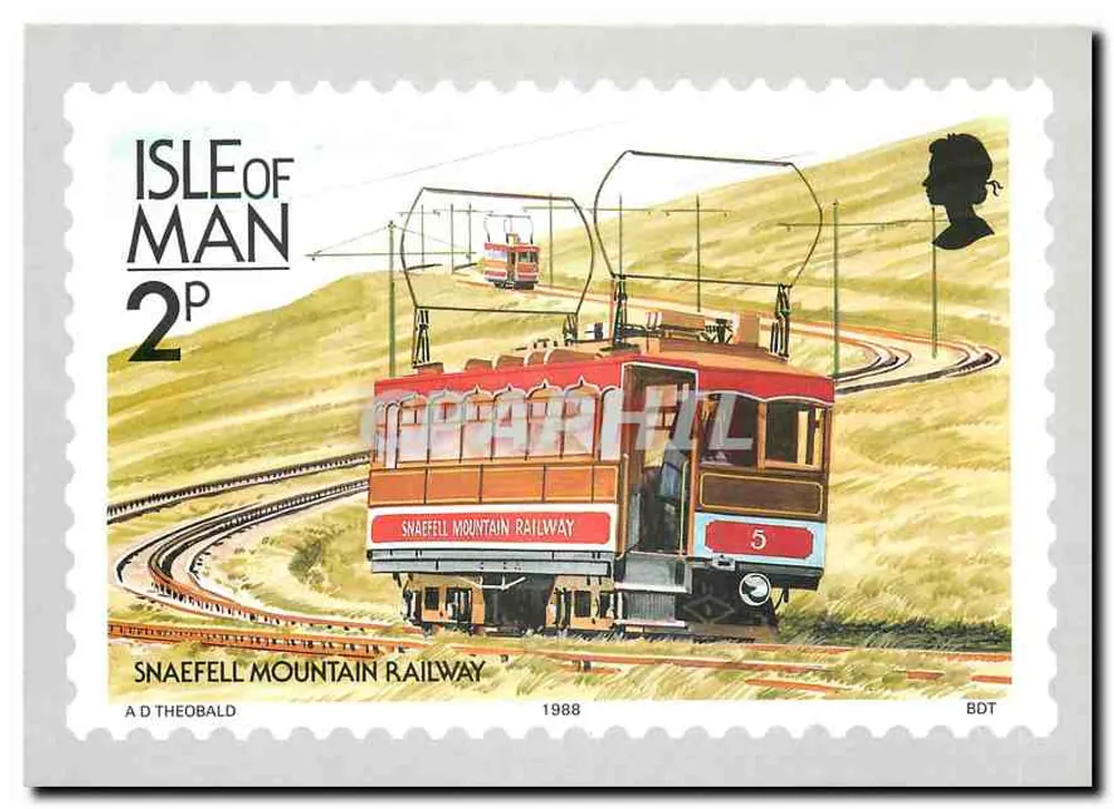 Snæfells Mountain Railway — 2p timbre de l'Île de Man — A D Theobald, n°5(12) - Recto