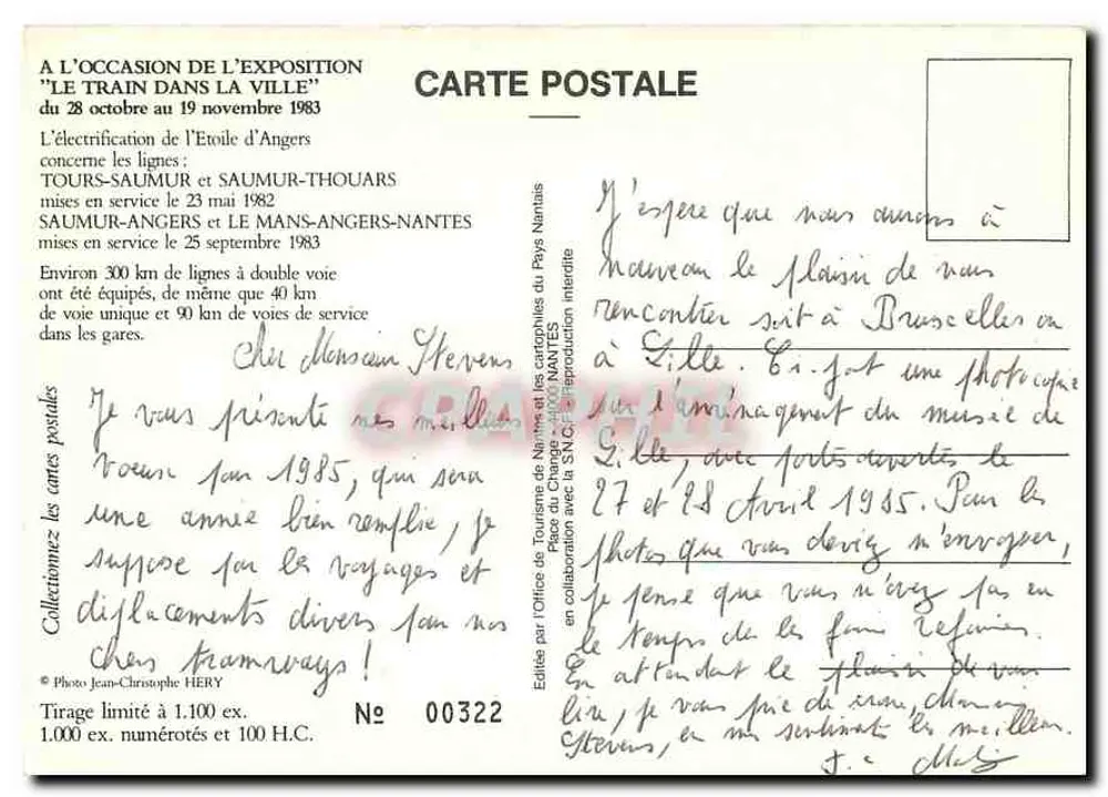Inauguration de l'électrification de l'Étoile d'Angers — Gare de Nantes — SNCF 22356 — Édition H.C. n°00322 - Verso