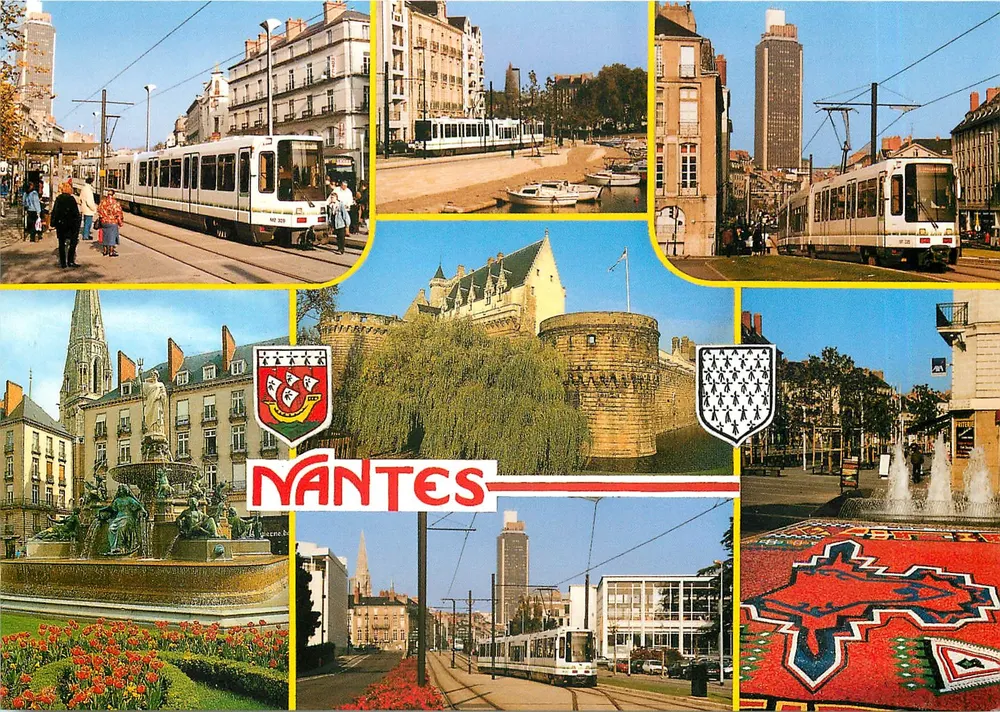 NANTES — Panoramablick mit Straßenbahn, Schloss und Platz — Éditions Miegeville-Deleville, Nr. 129 - Vorderseite