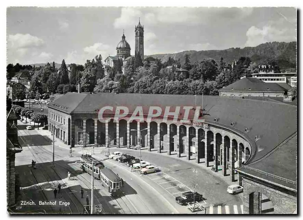 Zurych, Bahnhof Enge — widok z lotu ptaka z tramwajem i kościołem — Photoglob-Wehrli AG, q 62 - Awers