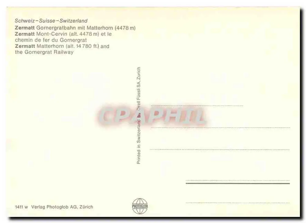 Zermatt - Gornergratbahn avec le Matterhorn — Verlag Photoglob AG, Zürich, n° 1411 - Verso