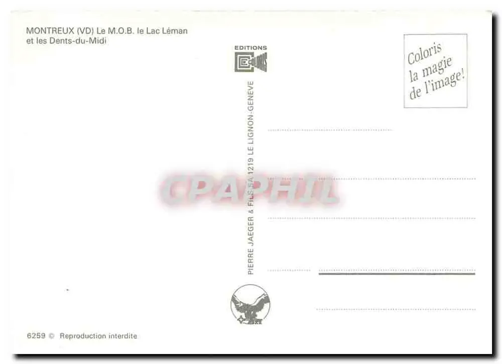 Montreux (VD) — Le M.O.B. et les Dents-du-Midi — Éditions Pierre Jaeger & Fils SA, n° 6259 - Verso
