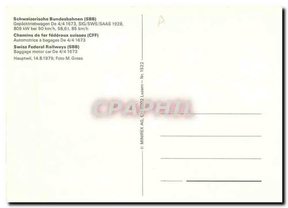 Automotrice à bagages De 4/4 1673 — SBB — Hauptwil, 14.8.1979 - Verso