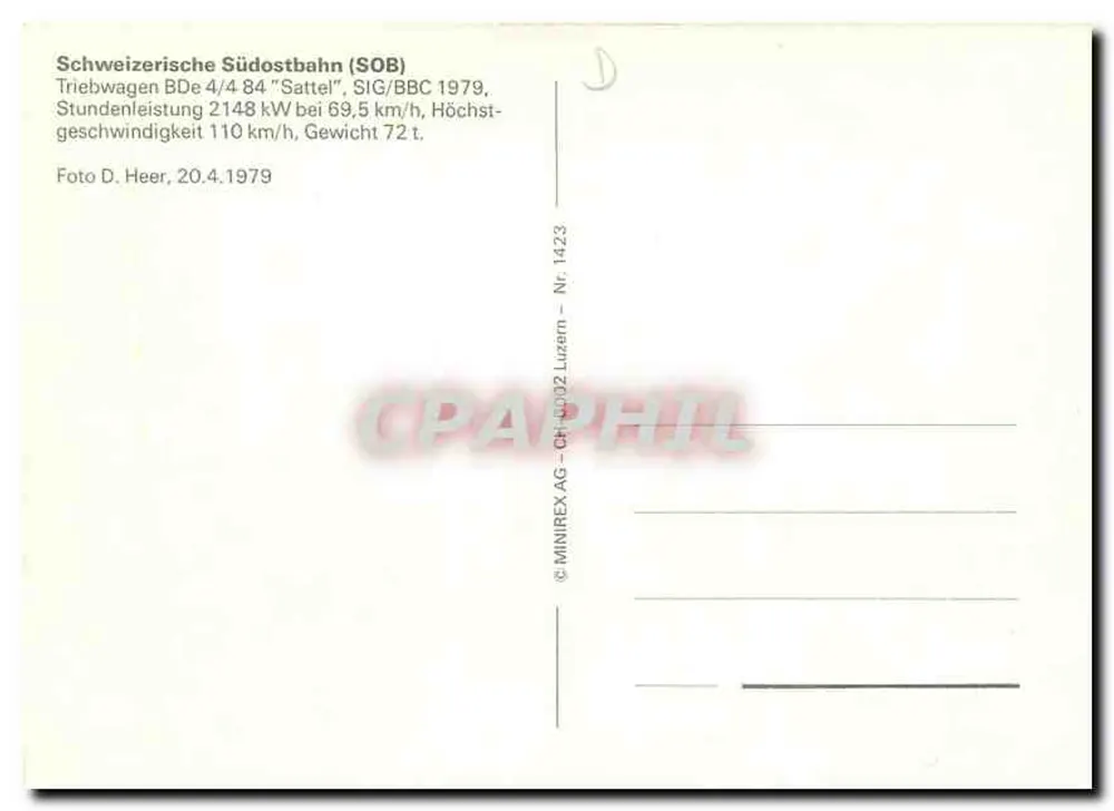 Sudostbahn — Elektryczny pociąg BDe 4/4 84 'Sattel' — MINIREX AG, n° 1423 - Rewers
