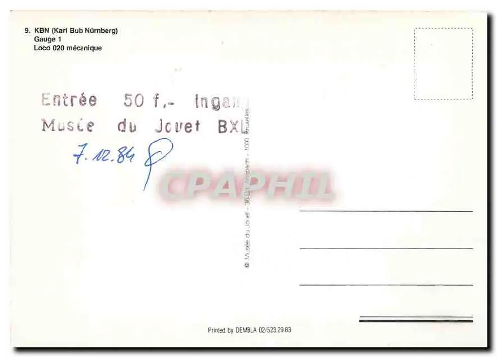 Locomotive miniature — modèle KBN (Karl Bub Nürnberg) — éditeur DEMBLA - Verso