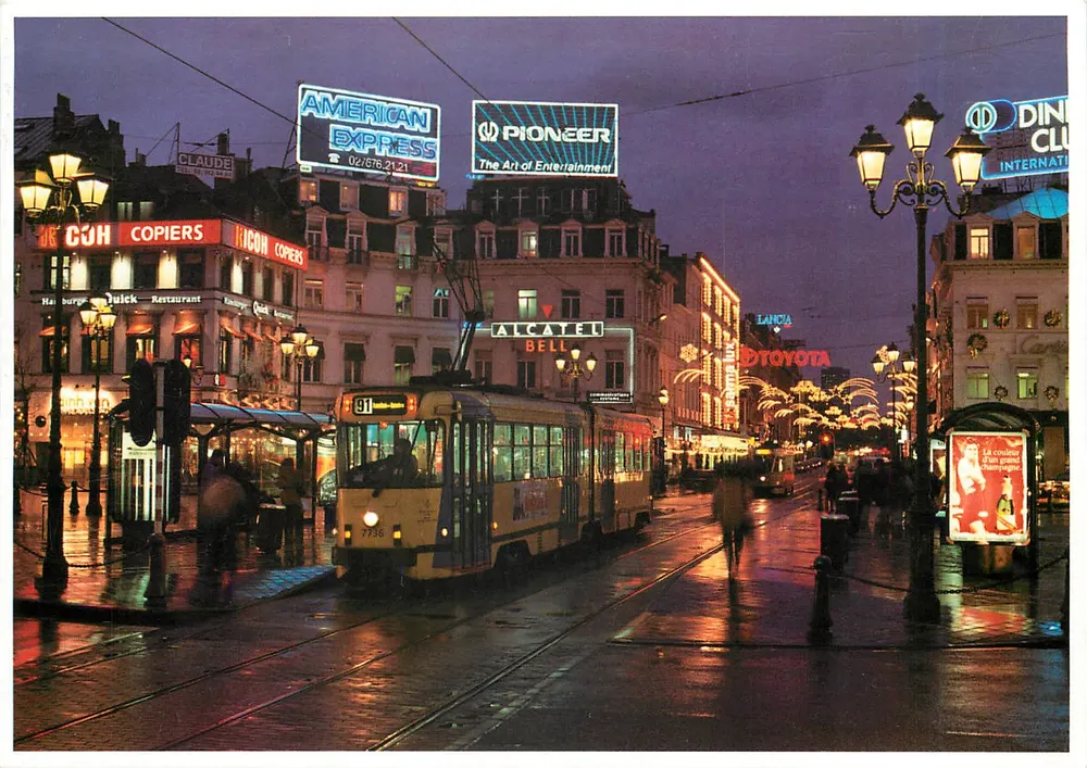 Place Louise, Bruxelles — vue nocturne avec tramway n°91 — éditeur Merckx - Recto