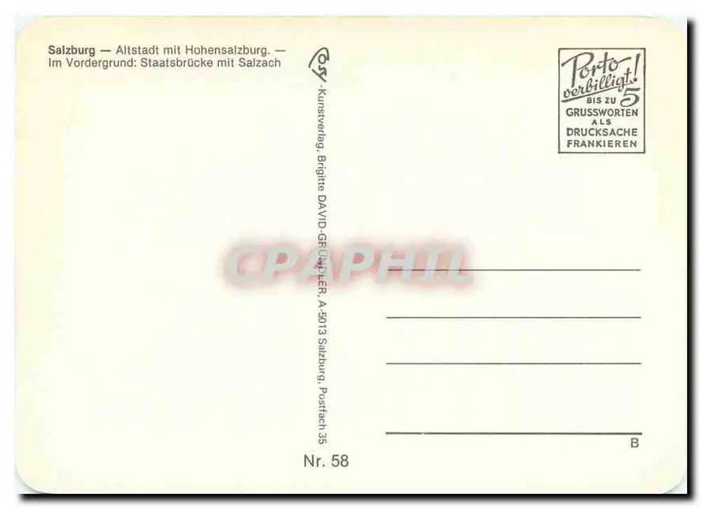 Salzburg — Altstadt mit Hohensalzburg — Staatsbrücke mit Salzach — Künstlerverlag Brigitte DAVID-GFÜLLENER, A-5013 Salzburg, Postfach 35, Nr. 58 - Rückseite