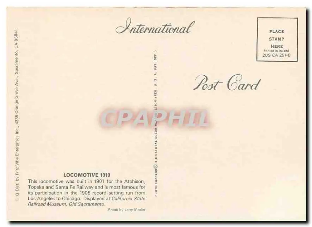 Locomotive "1010" — California State Railroad Museum — International Post Card - Verso