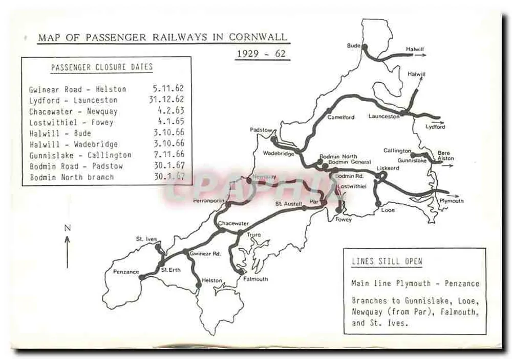 Pociąg parowy numer 637 — Cornouailles — Karta pocztowa z mapą linii kolejowych - Rewers
