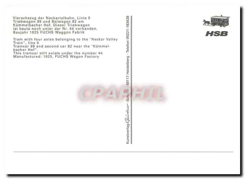 Tramway de la vallée du Neckar — ligne 5 — éditeur HSB - Verso