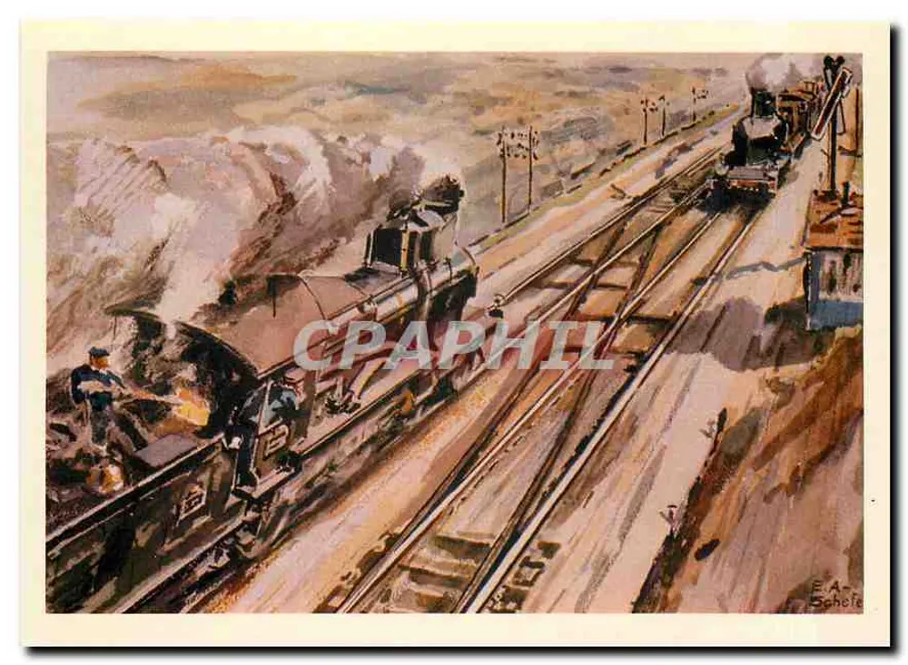Croisement de trains remorqués par des Coupe-Vent, "Grosses C" - Gouache du porte-feuille Schefer de 1942 - Recto