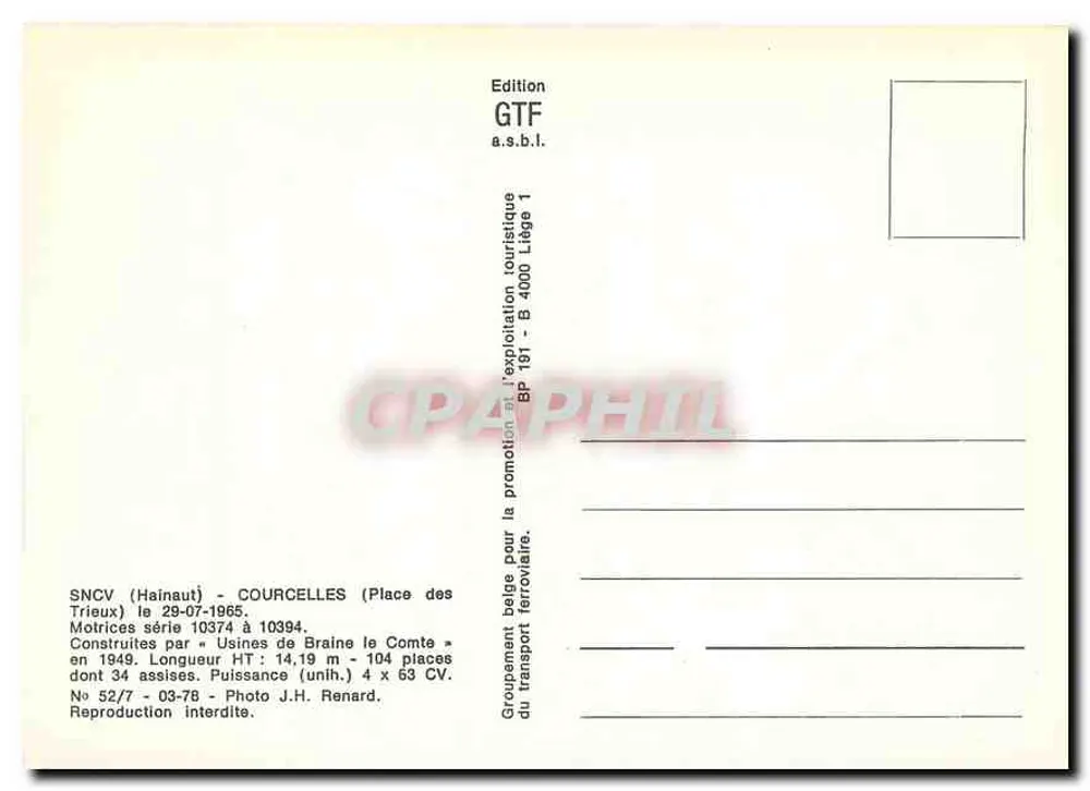 Tramways à Courcelles (Hainaut) — SNCV, série 10374 à 10394 — Édition GTF a.s.b.l. - Verso
