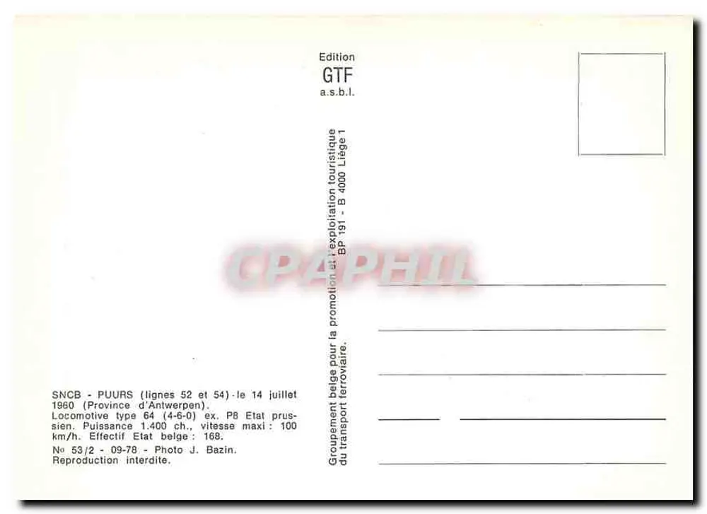 Puurs — Stazione SNCB — Locomotiva 6105 — Edizione GTF a.s.b.l. - Verso