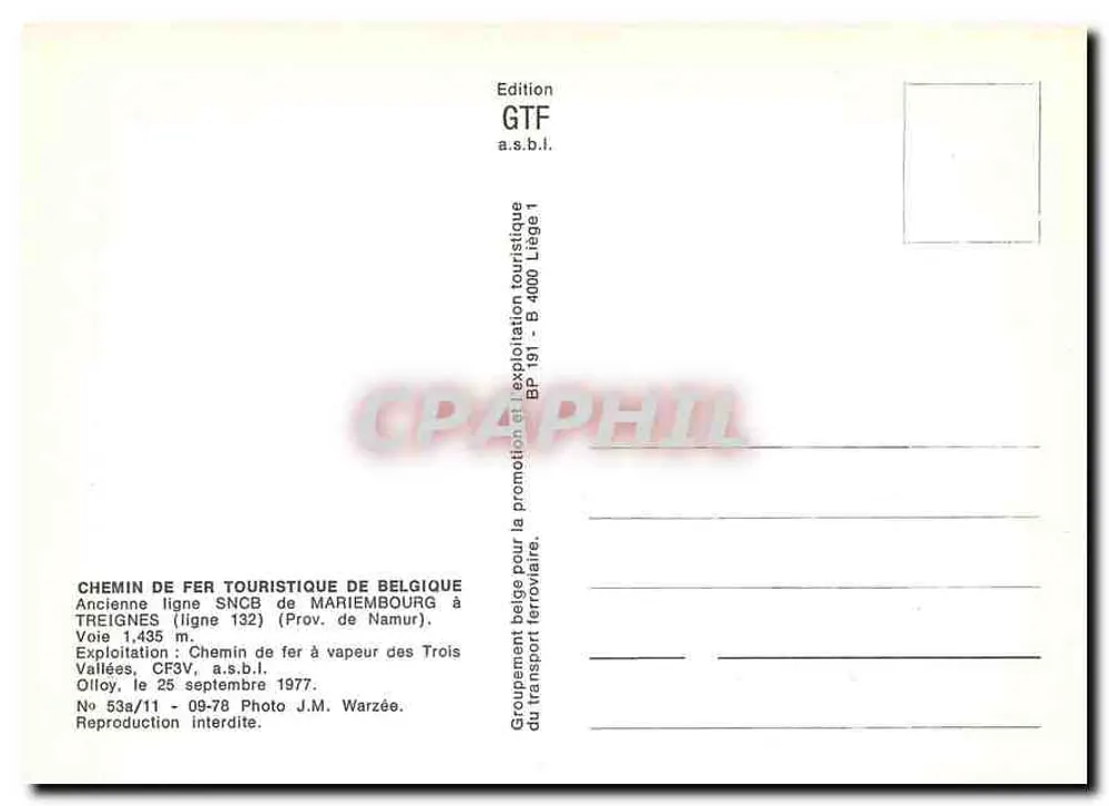 Treno a vapore — Vecchia linea SNCB da Mariembourg a Treignes — Edizione GTF a.s.b.l. - Verso