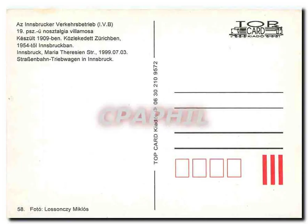 Tramway del museo locale a Innsbruck — TOP CARD Kiadó, n° 9572 - Verso