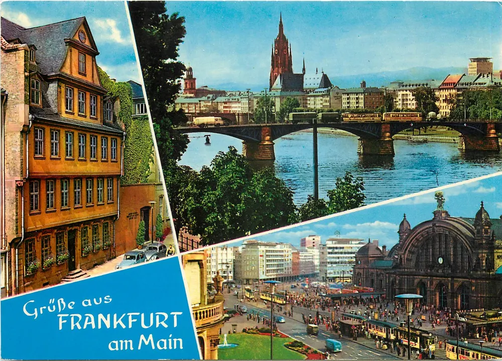 Frankfurt am Main — Panoramische Ansicht mit dem Goethe-Haus, dem Dom und dem Hauptbahnhof — Verlag Klaus Rahmel - Vorderseite
