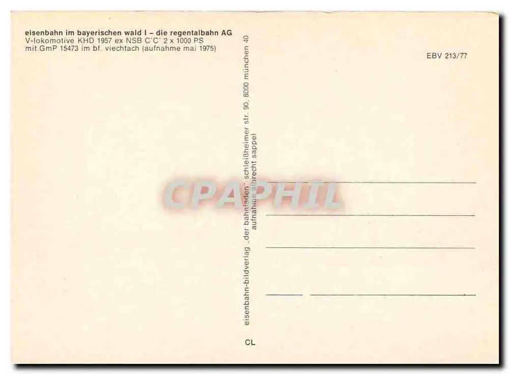 Parowóz w Vichy — V-lokomotywa KHD 1957 ex NSB C'C' 2 x 1000 PS — wydawca Eisenbahn-Bilderverlag, nr EBV 213/77 - Rewers
