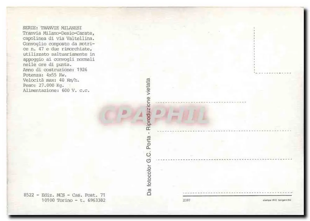 Tramway von Mailand - Linie Valtellina - Zugnummer 47 - Verlag MCS, Turin - Rückseite