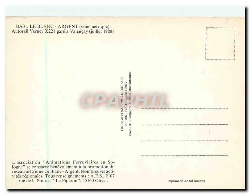 Autorail Verney X221 — garé à Valençay — Édition APPEVA - Verso
