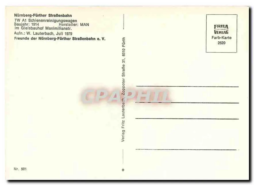 Tramway van Nürnberg-Fürth — Schienenreinigungswagen A1 — uitgever FRILA Verlag, n° 2620 - Achterkant