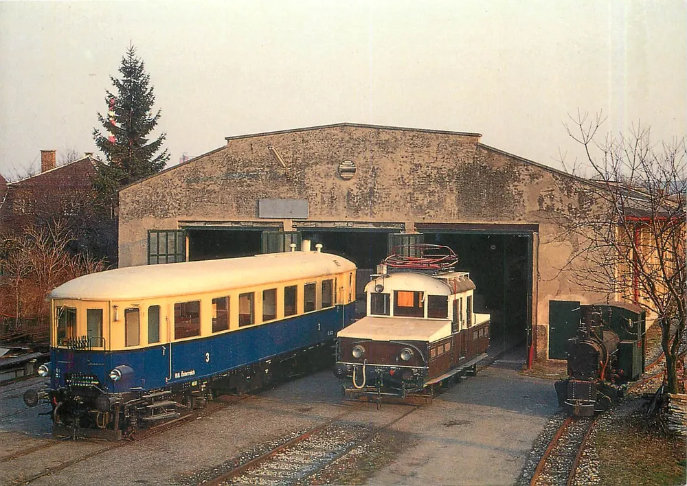 Fahrzeuge der Preßburgerbahn-Linie — VT 41.03, Eg 2 und Lokomotive 'BARBARA' — Verband der Eisenbahnfreunde Wien - Vorderseite