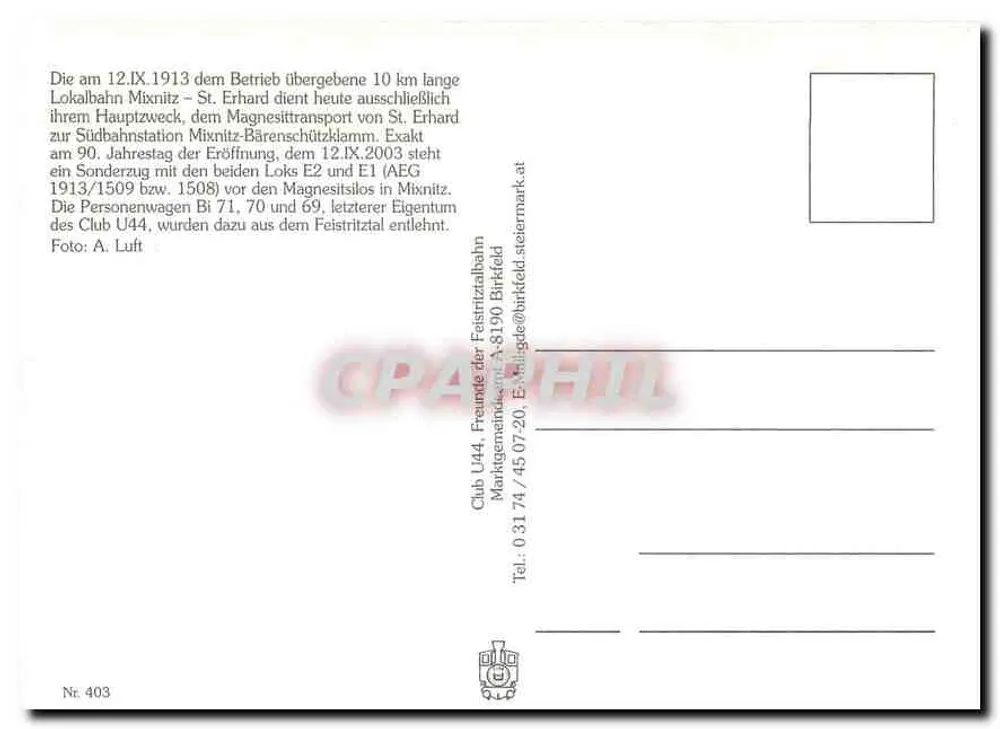 Lokalbahn Mixnitz–St. Erhard — 90. Jubiläum der Eröffnung — Club U44 - Rückseite