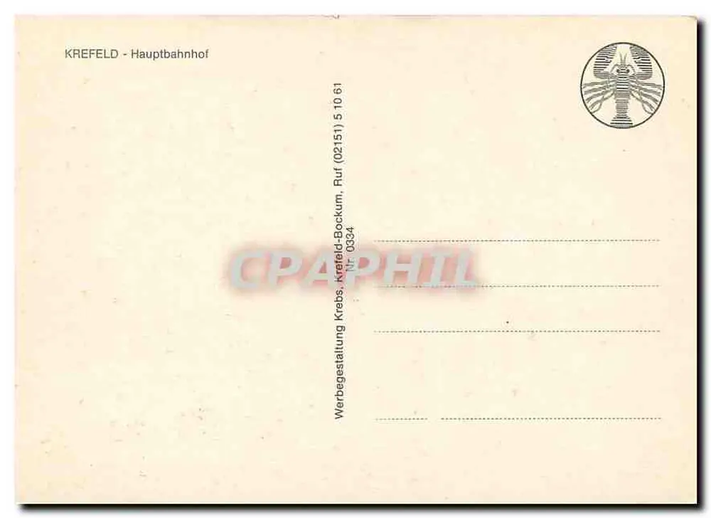 Estação de Krefeld — vista do prédio principal com seu relógio — Werbegestaltung Krebs, Krefeld-Bockum, n° 0334 - Verso